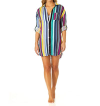 Anne Cole Women's Barcode Stripe Button Down Shirt Swimsuit Cover Up in multi - women's swimwear - alternate view