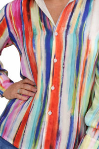 TEMPO PARIS Striped Button Front Shirt in blue - women's blouse - detail view