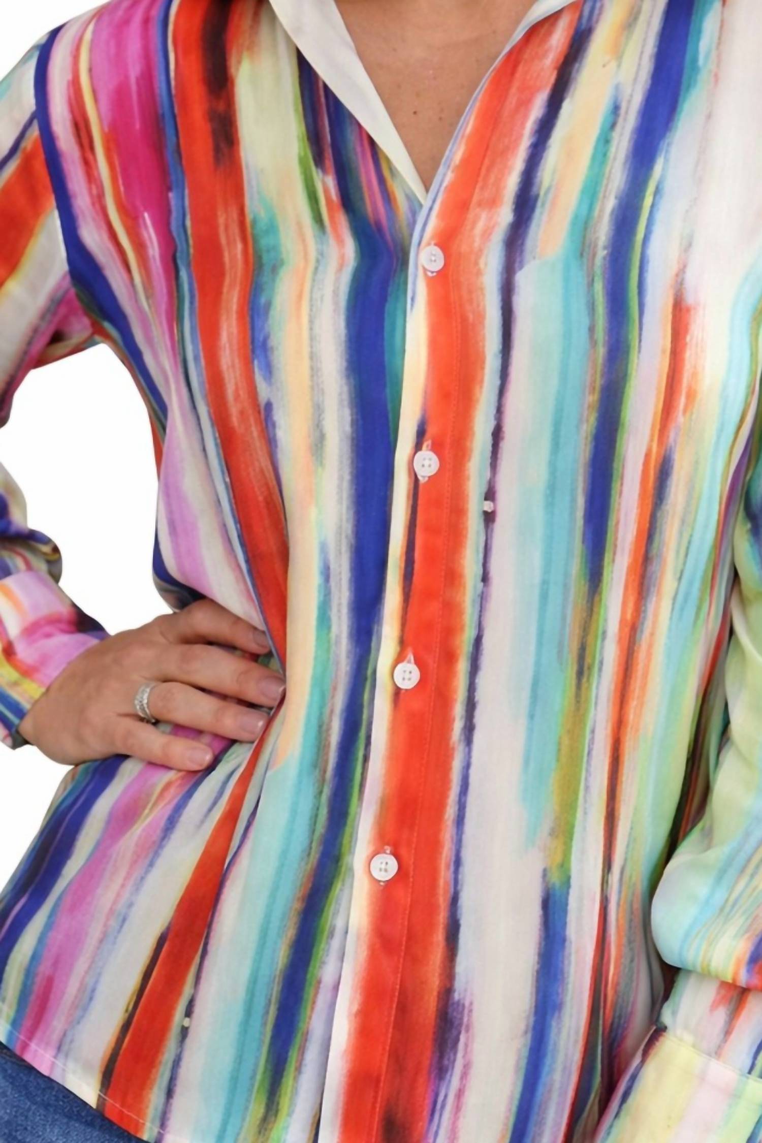 TEMPO PARIS Striped Button Front Shirt in blue - women's blouse - detail view