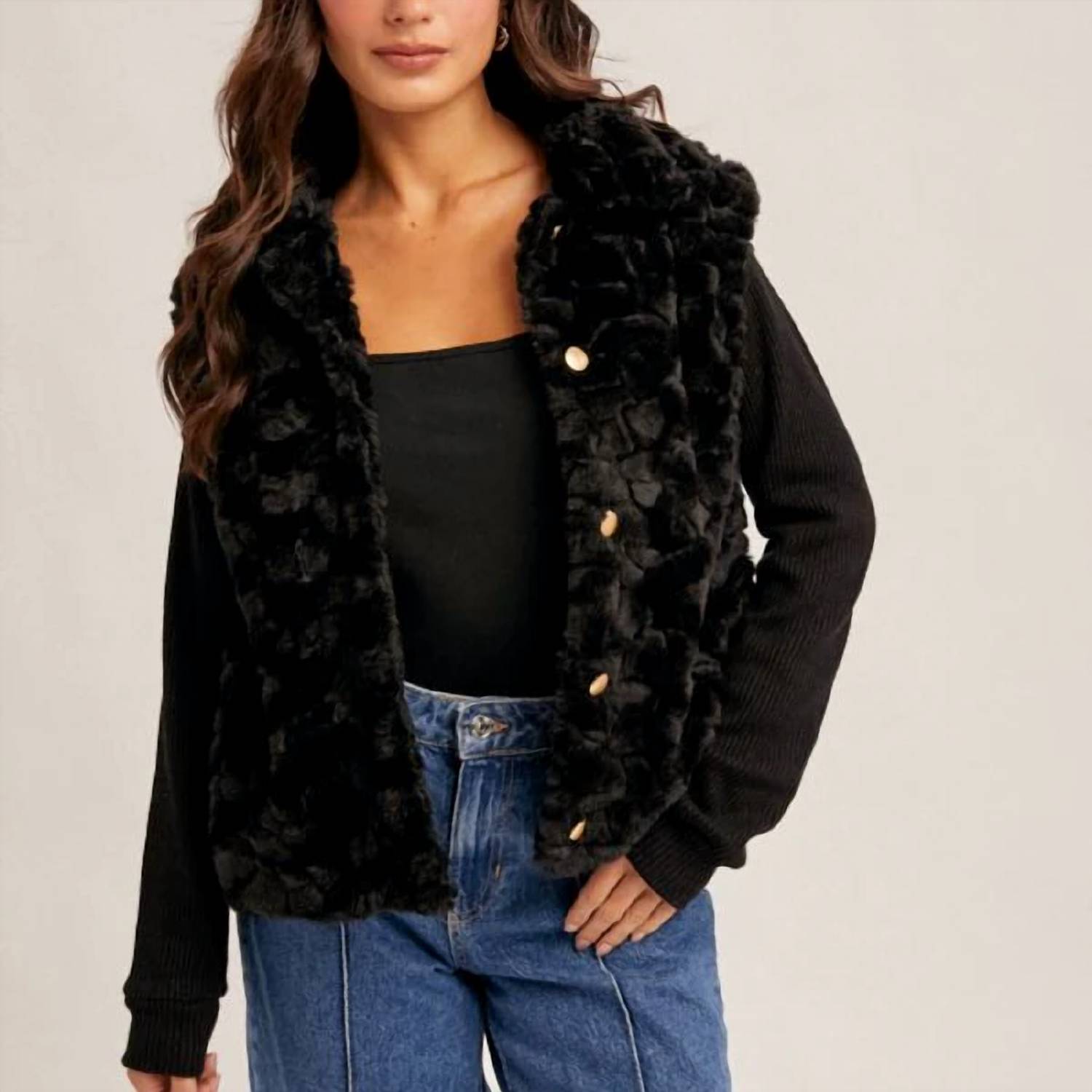 Hem & Thread - Knit Sleeve Fur Jacket