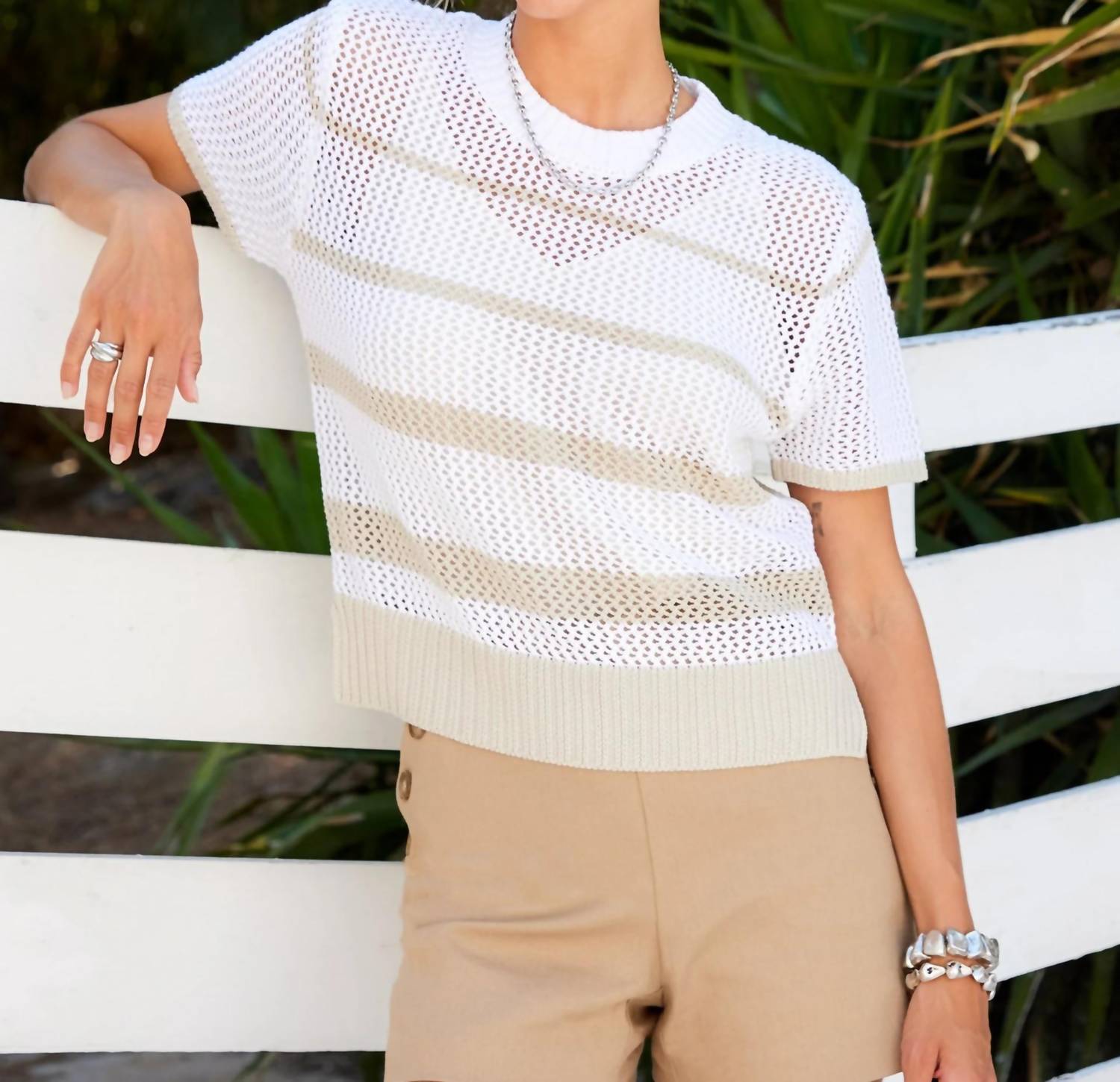 Fifteen Twenty Faye Crochet Sweater Top in cream and khaki - women's sweater