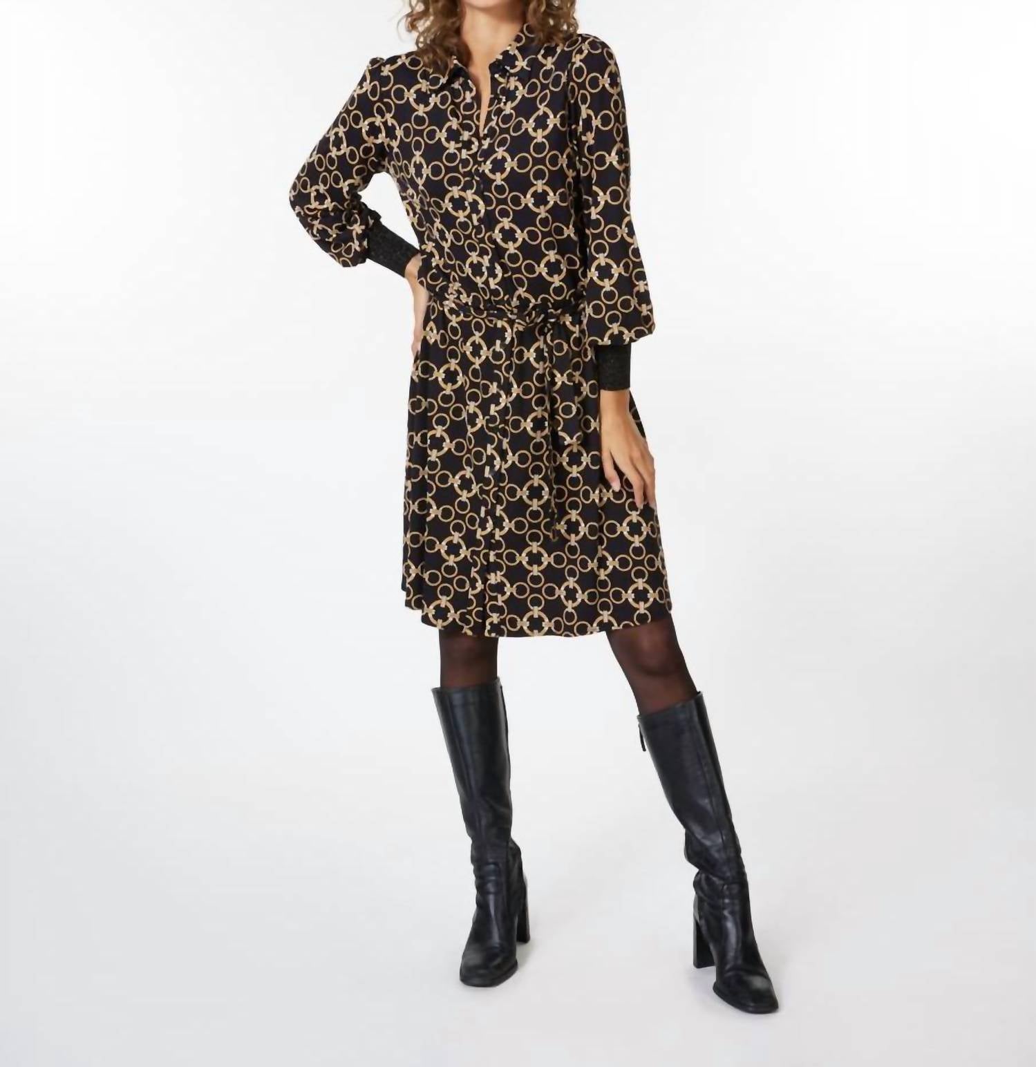 Esqualo - Celina Chain Print Ribbed Sparkle Cuff Dress