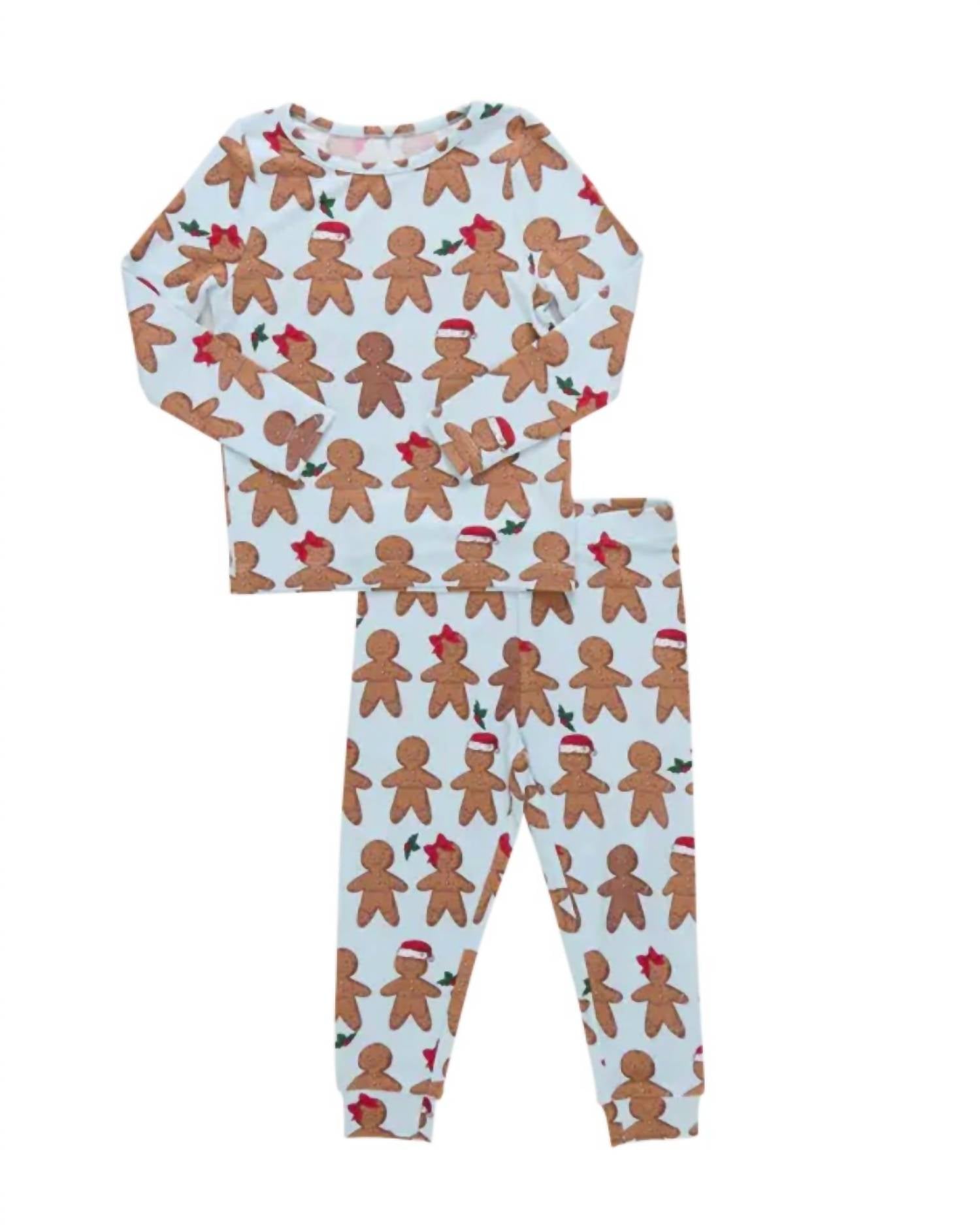 PINK CHICKEN Kid's Bamboo Pajama Set in light blue gingerbread - kids' sleepwear - detail view