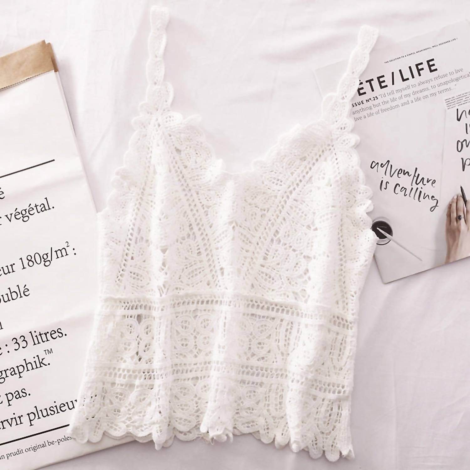 DAVI & DANI Women's Crochet Lace Hollow Camisole Top in white - women's shirt - detail view