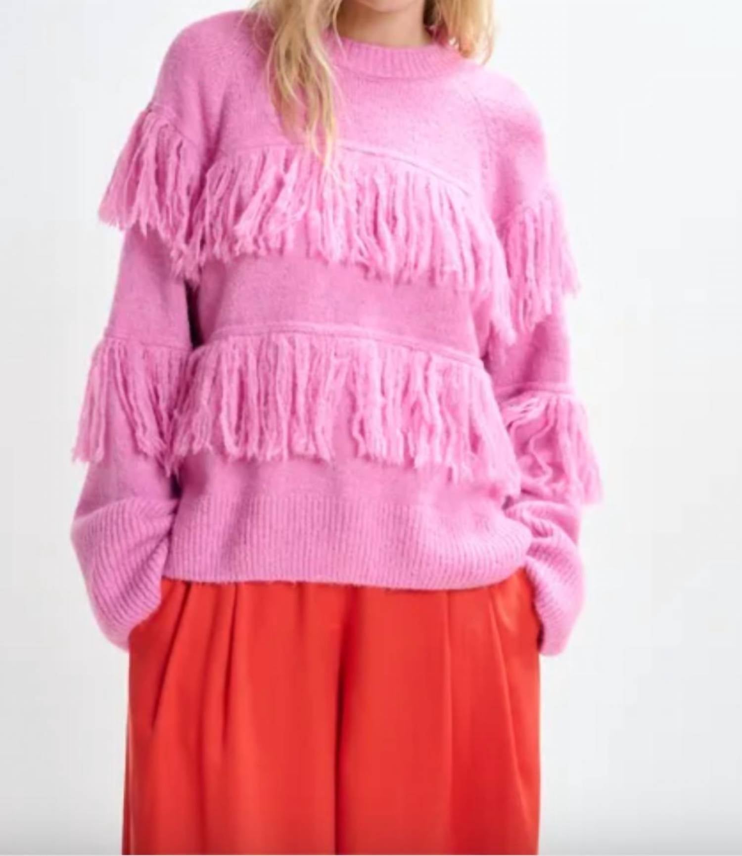 ESSENTIEL ANTWERP Johns Pullover Sweater With Fringe in pinky sugar - women's sweater
