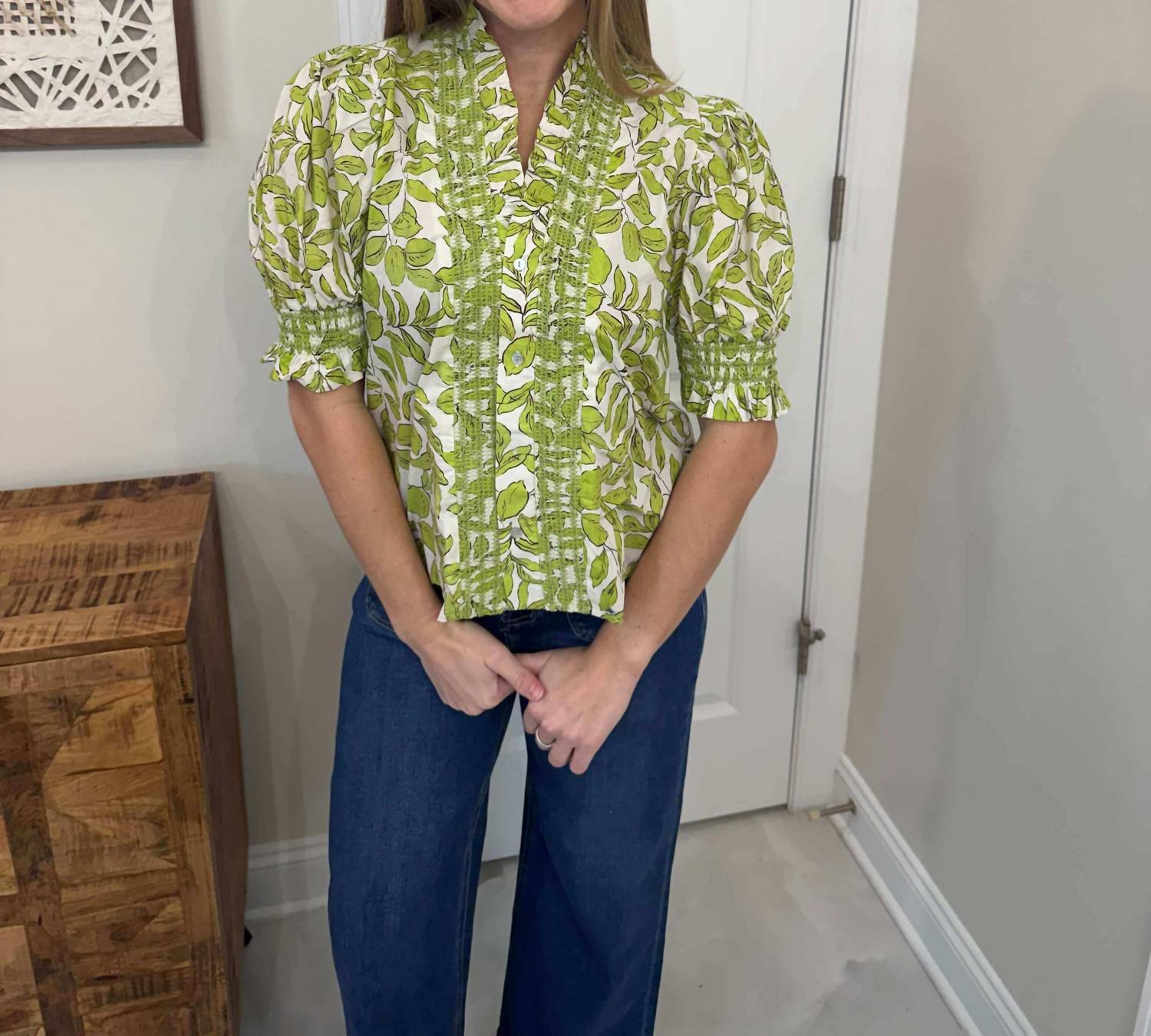 Glam - Ruffle V-neck Smocked Puff Sleeve Blouse