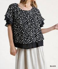 Umgee - Dalmatian Print Short Ruffle Sleeve Layered Top