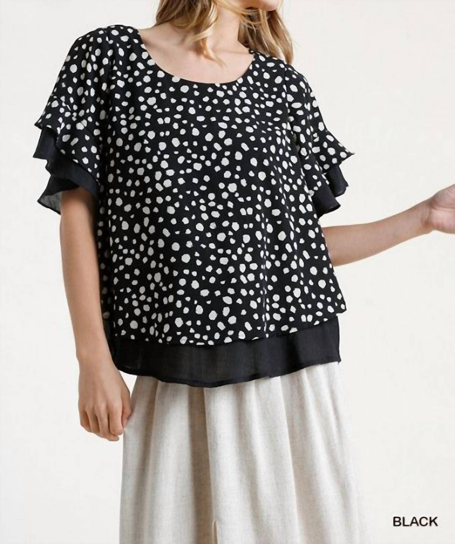 Umgee - Dalmatian Print Short Ruffle Sleeve Layered Top