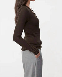 Enza Costa Rib Bold Long Sleeve U Top in coffee bean - women's long sleeve top - detail view