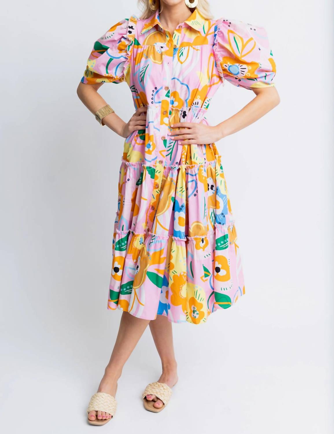 Karlie - Artist Floral Puff Sleeve Tiered Midi Dress