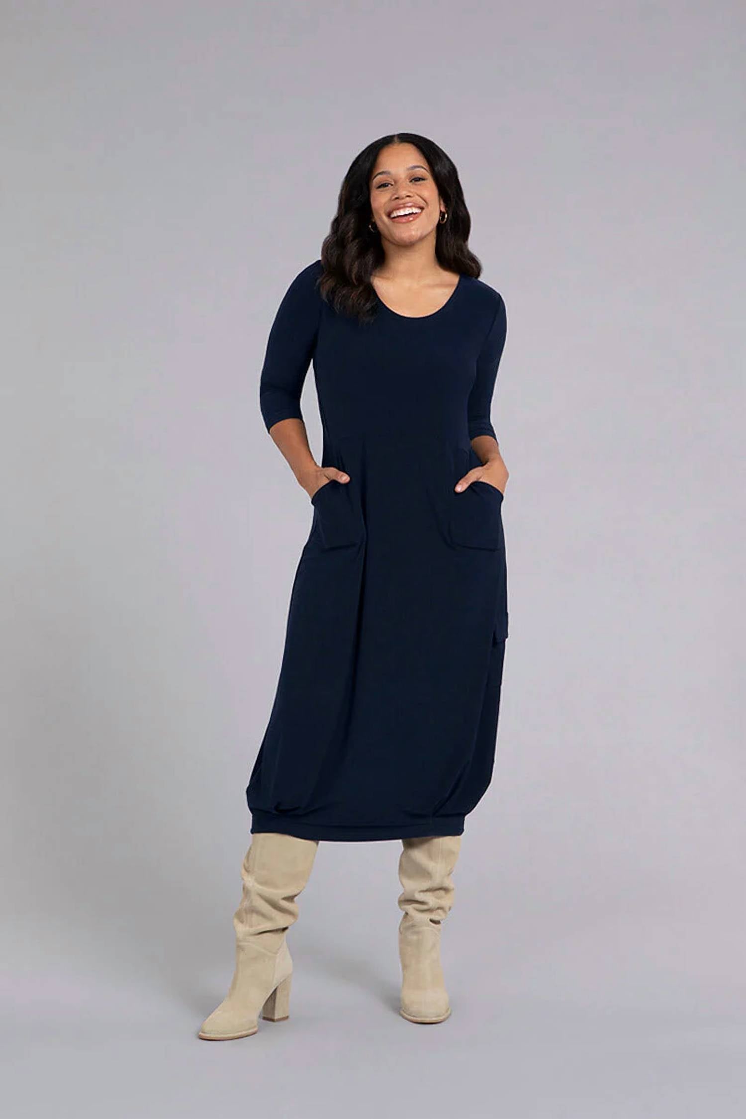 Sympli - ANGLE SEAM PLEAT HEM DRESS-3/4 SLEEVE
