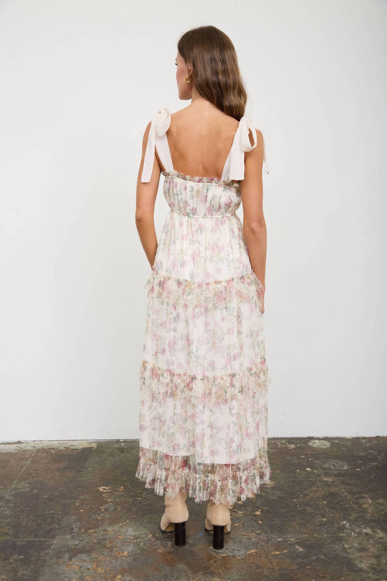 Blu Pepper - Floral Chiffon Tie Strap Ruffled Tiered Midi Dress