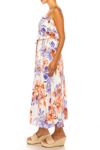 Vivid - Floral Belted A-line Strapless Maxi Dress