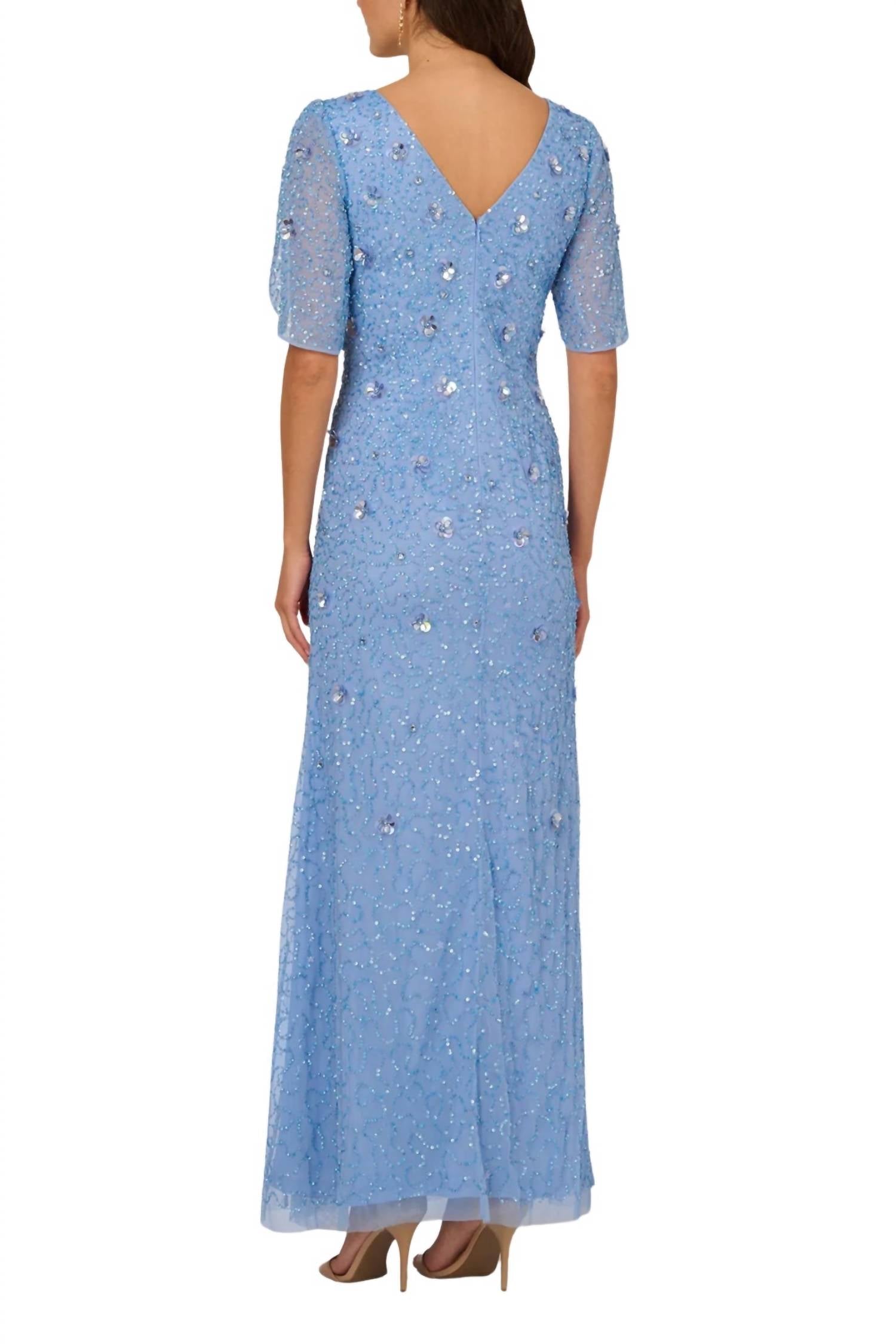 Adrianna Papell - V-neckline Tulip Sleeves Maxi Mermaid Dress