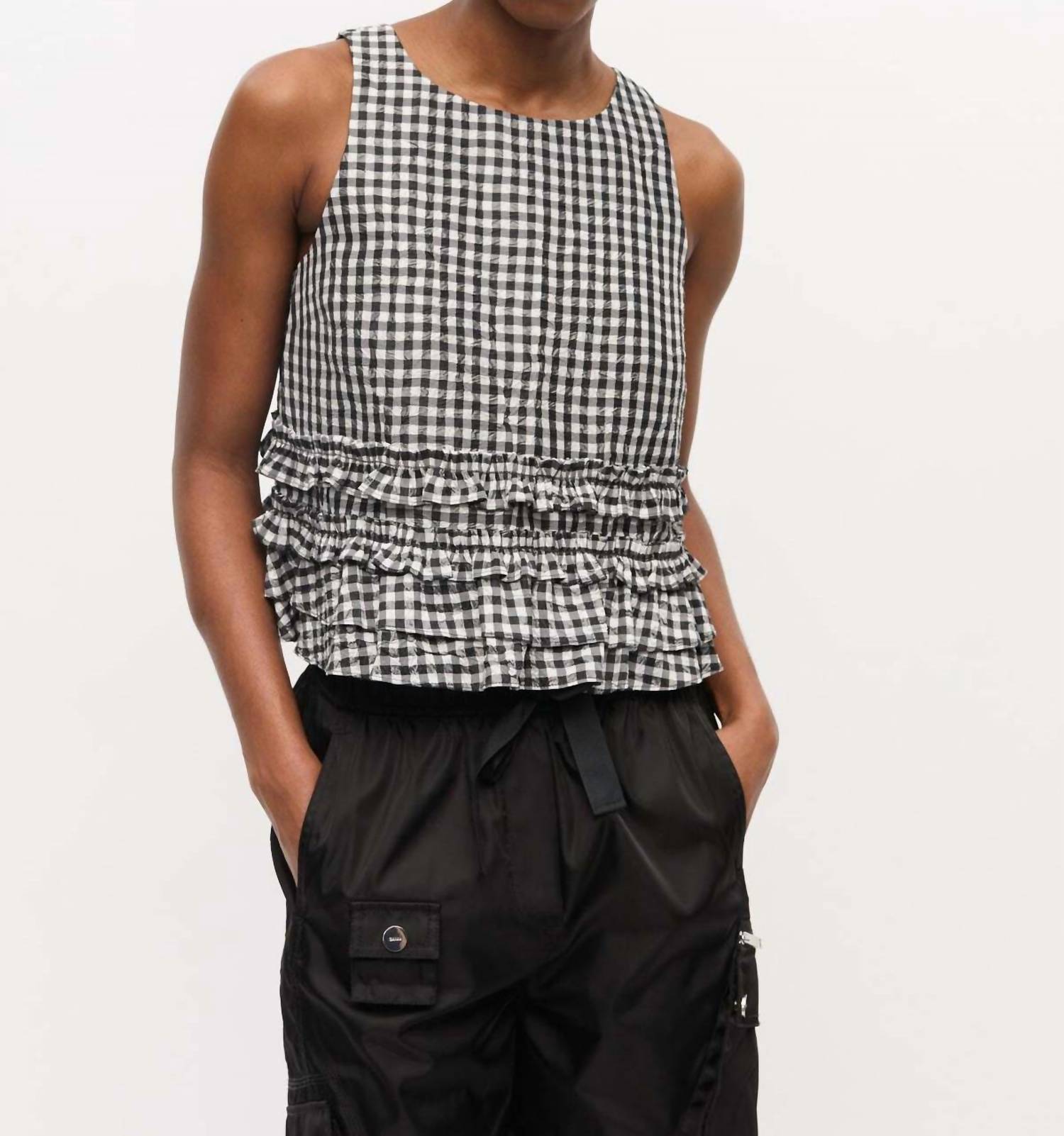 Ganni - Crinkled Taffeta Check Open Back Frilled Top