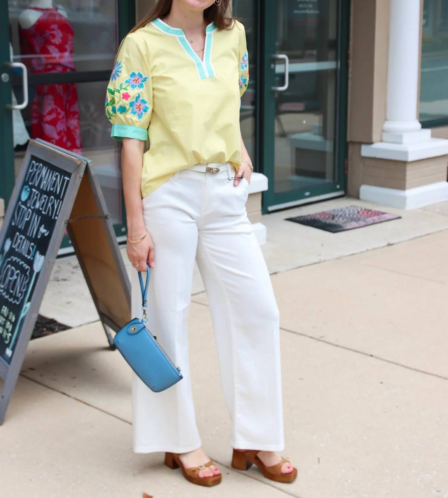 Jodifl - Embroidered Sleeve V-neck Top