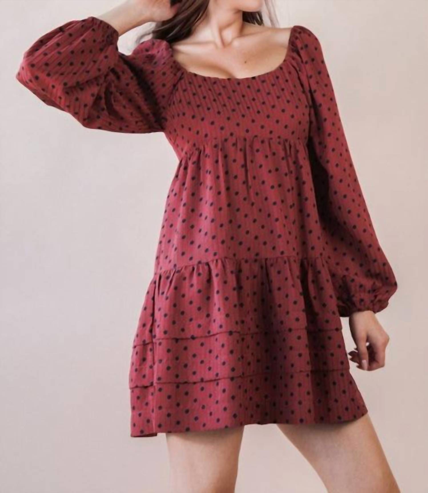VERY J Polka Dot Print Tiered Mini Dress in brick - women's dress - view 4