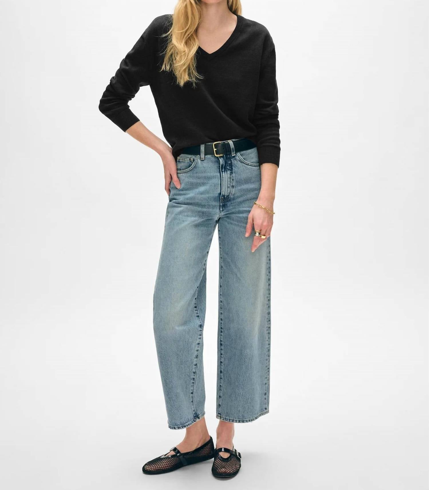White + Warren - Organic Cotton Blend Rib Trim V-neck