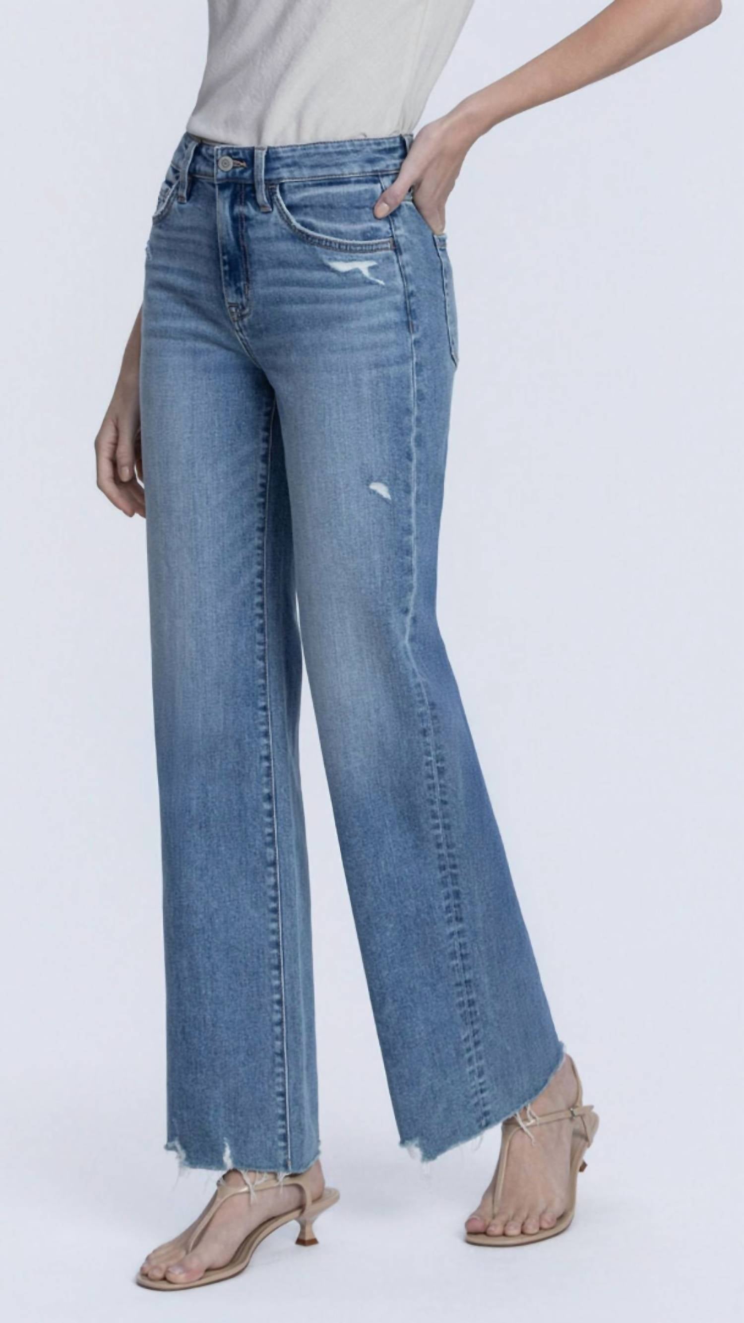 FLYING MONKEY Women's High Rise Slant Side Seam Vintage Flare Jeans in blue - women's jeans - detail view