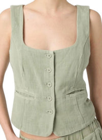BLANKNYC Button-up Fitted Crop Vest in desert sage - women's jacket - detail view
