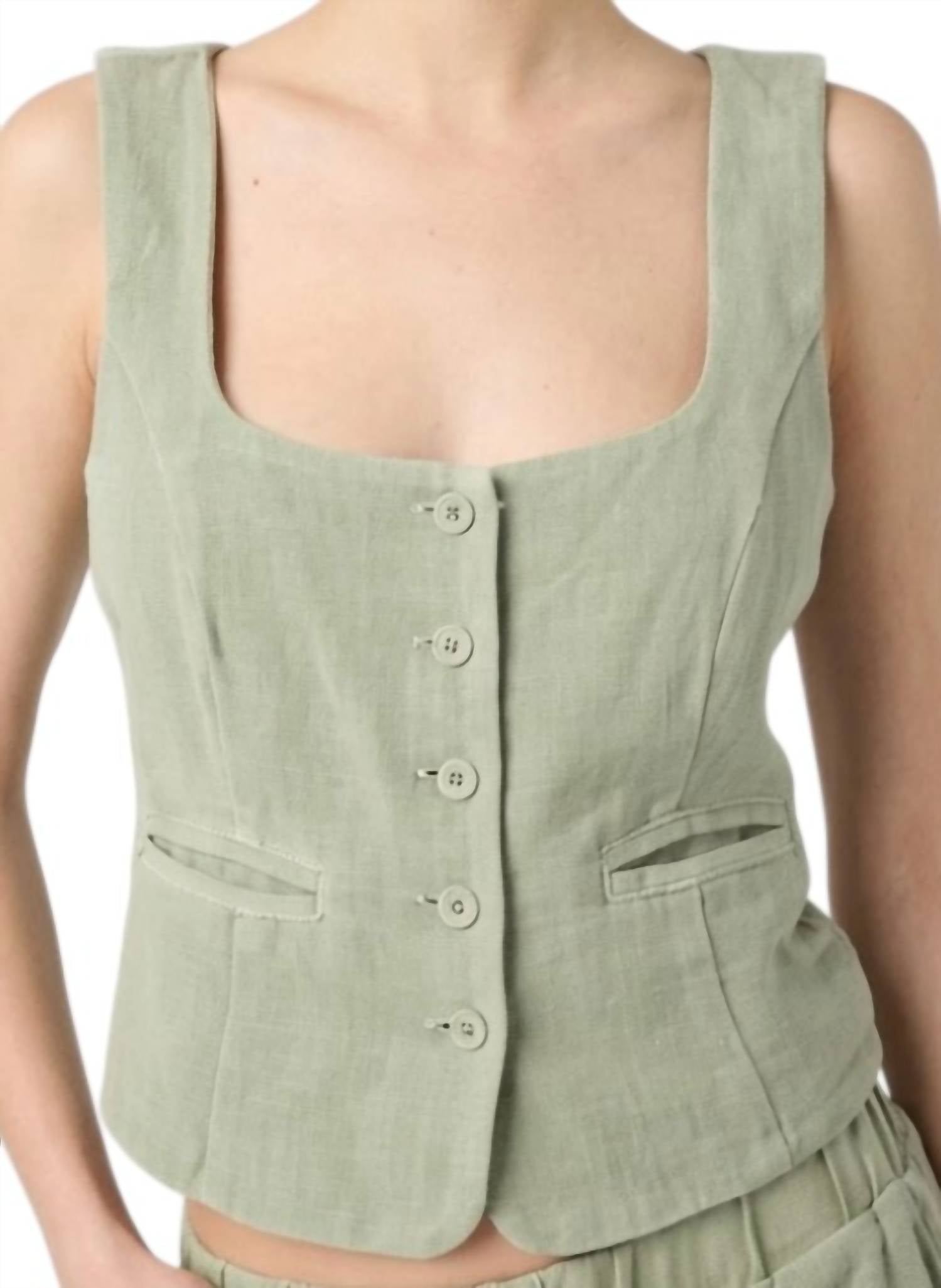 BLANKNYC Button-up Fitted Crop Vest in desert sage - women's jacket - detail view
