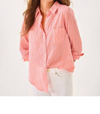 Lilly Pulitzer Sea View Button Down Shirt in papaya x conch shell pink shirting stripe - women's shirt - alternate view