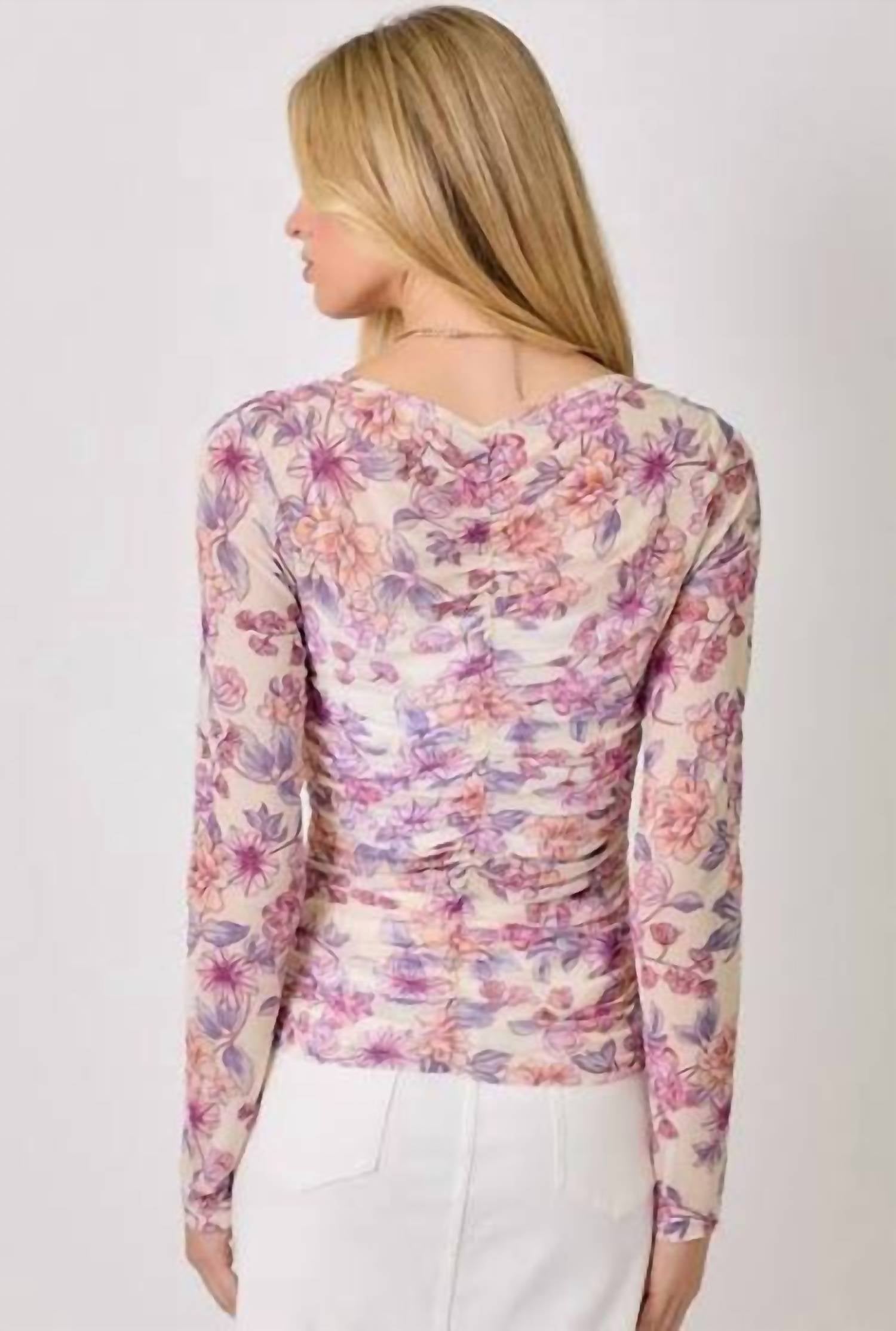 Mystree - Ruching Floral Mesh Top