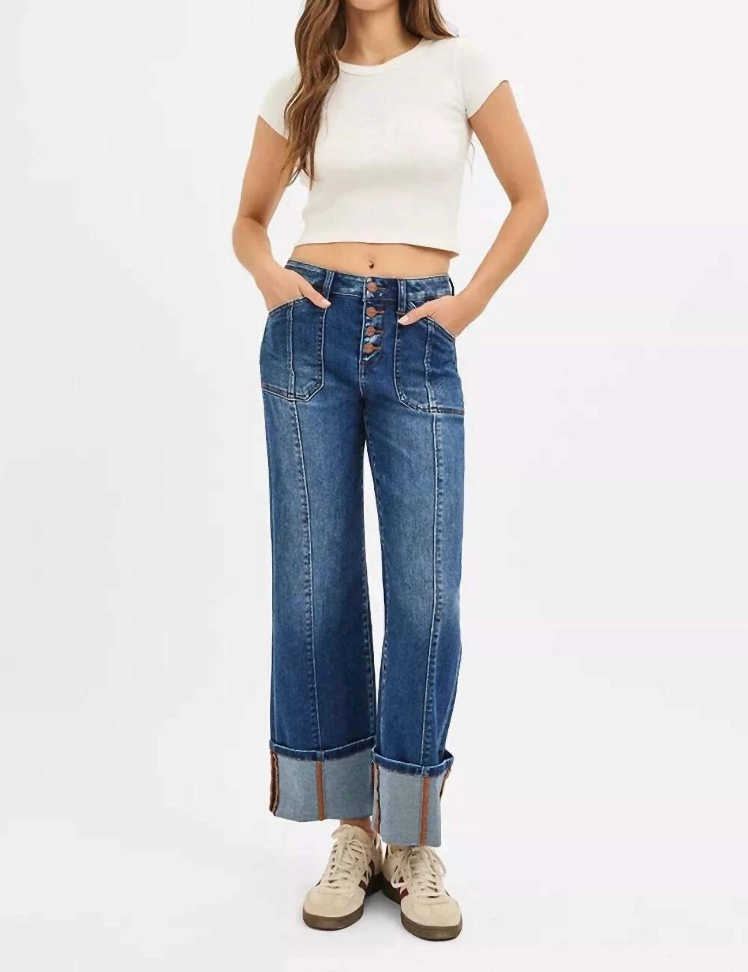 Risen - High Rise Crop Wide Straight Cuffed Jeans
