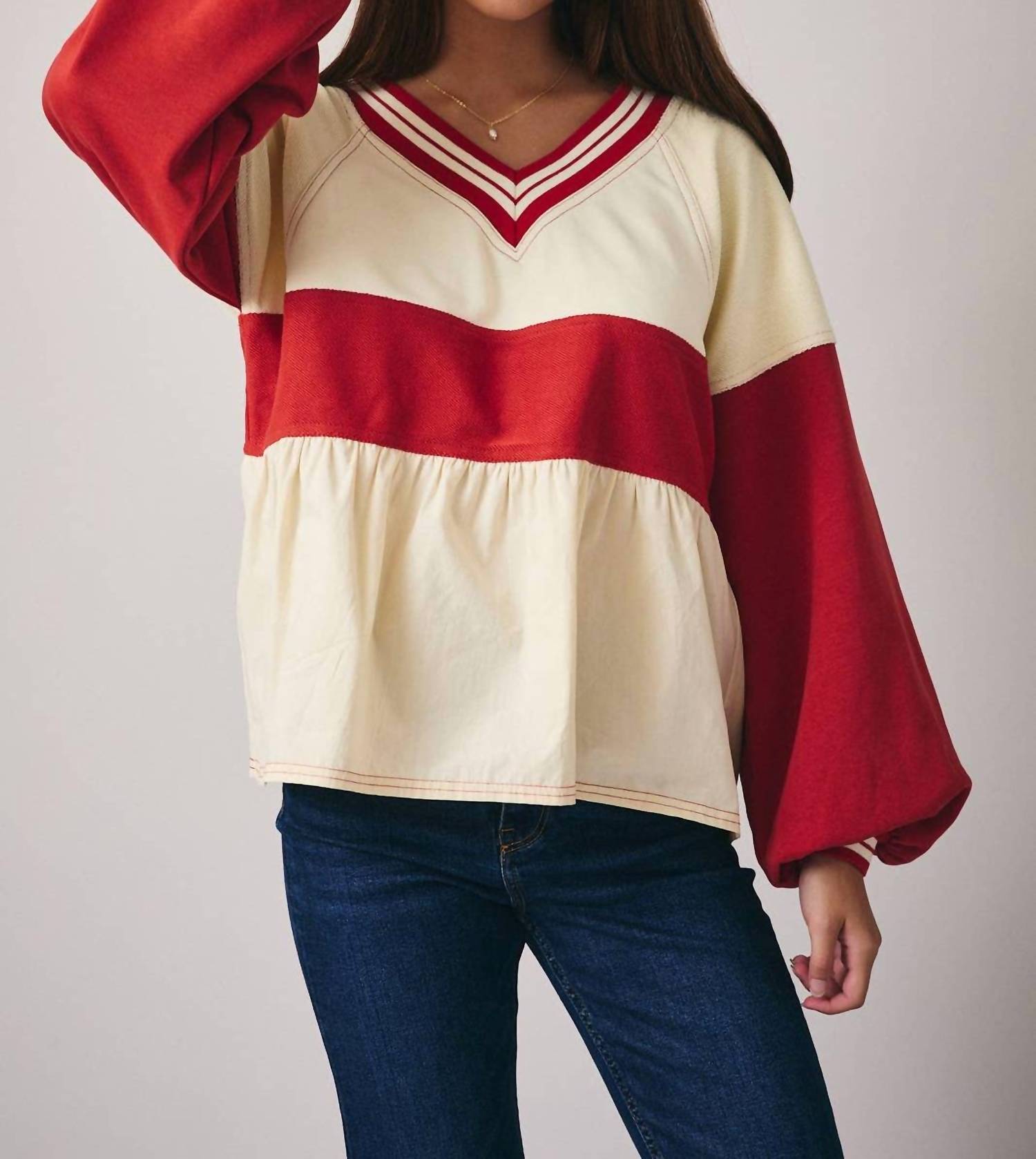 Sunday Edition - Colorblock V Neck Babydoll Top