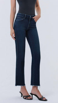 LOVERVET Mid Rise Raw Hem Ankle Straight Jeans in dark blue - women's jeans - detail view