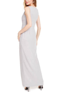 Adrianna Papell - V-neck Sleeveless Pleated Solid Crepe Dress
