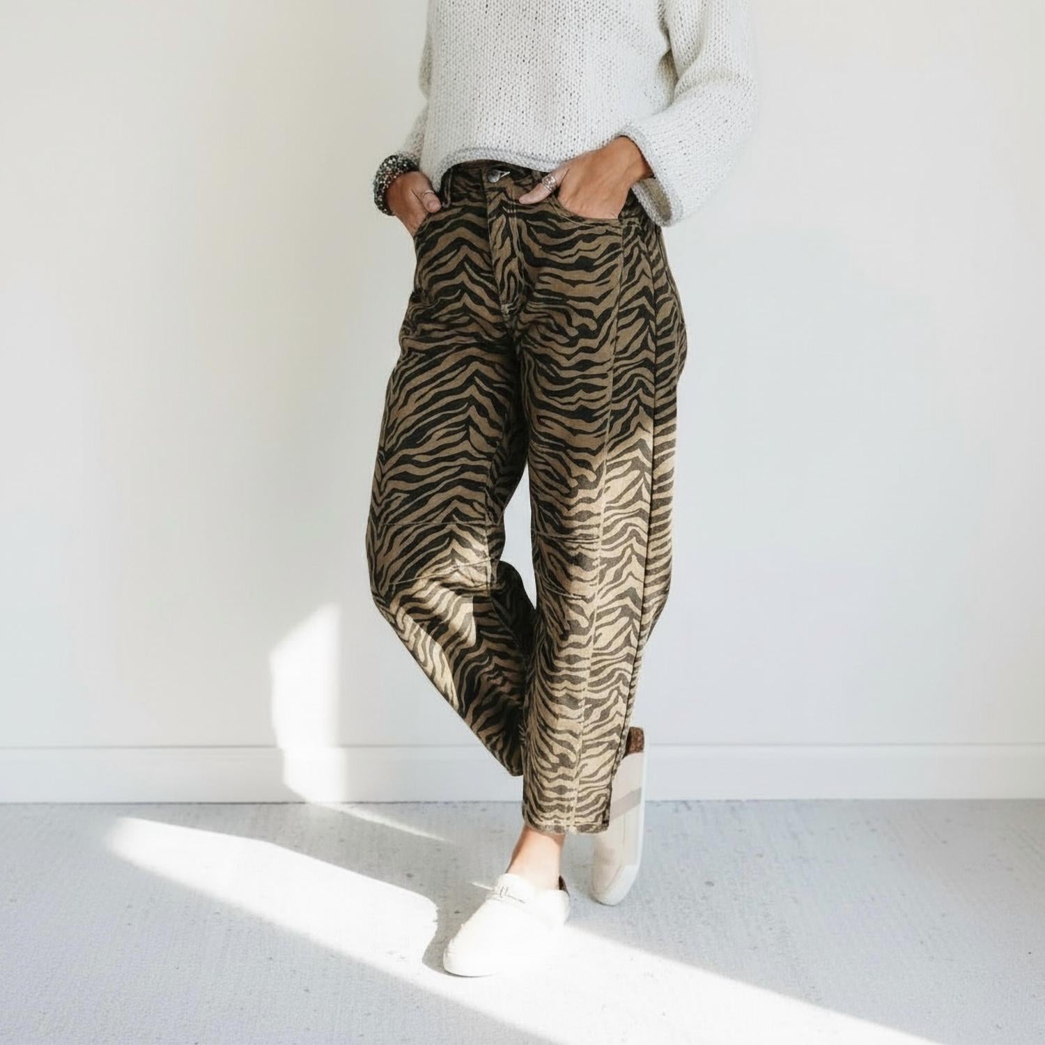 Umorger Zebra Stripe Barrel Jeans in greige - women's jeans - alternate view