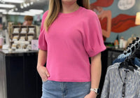 entro Solid Short Puff Sleeve Knit Top in pink - women's t-shirt