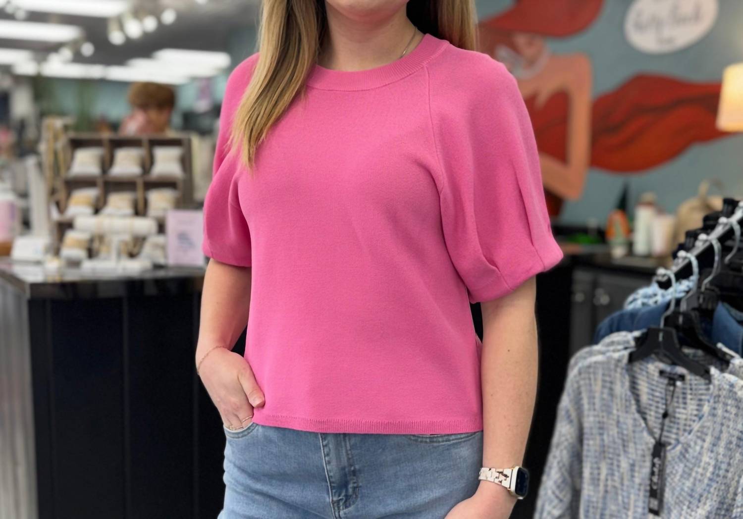 entro Solid Short Puff Sleeve Knit Top in pink - women's t-shirt