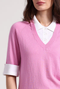 Minnie Rose - Cotton Cashmere Short Sleeve Vneck Collar Shirt