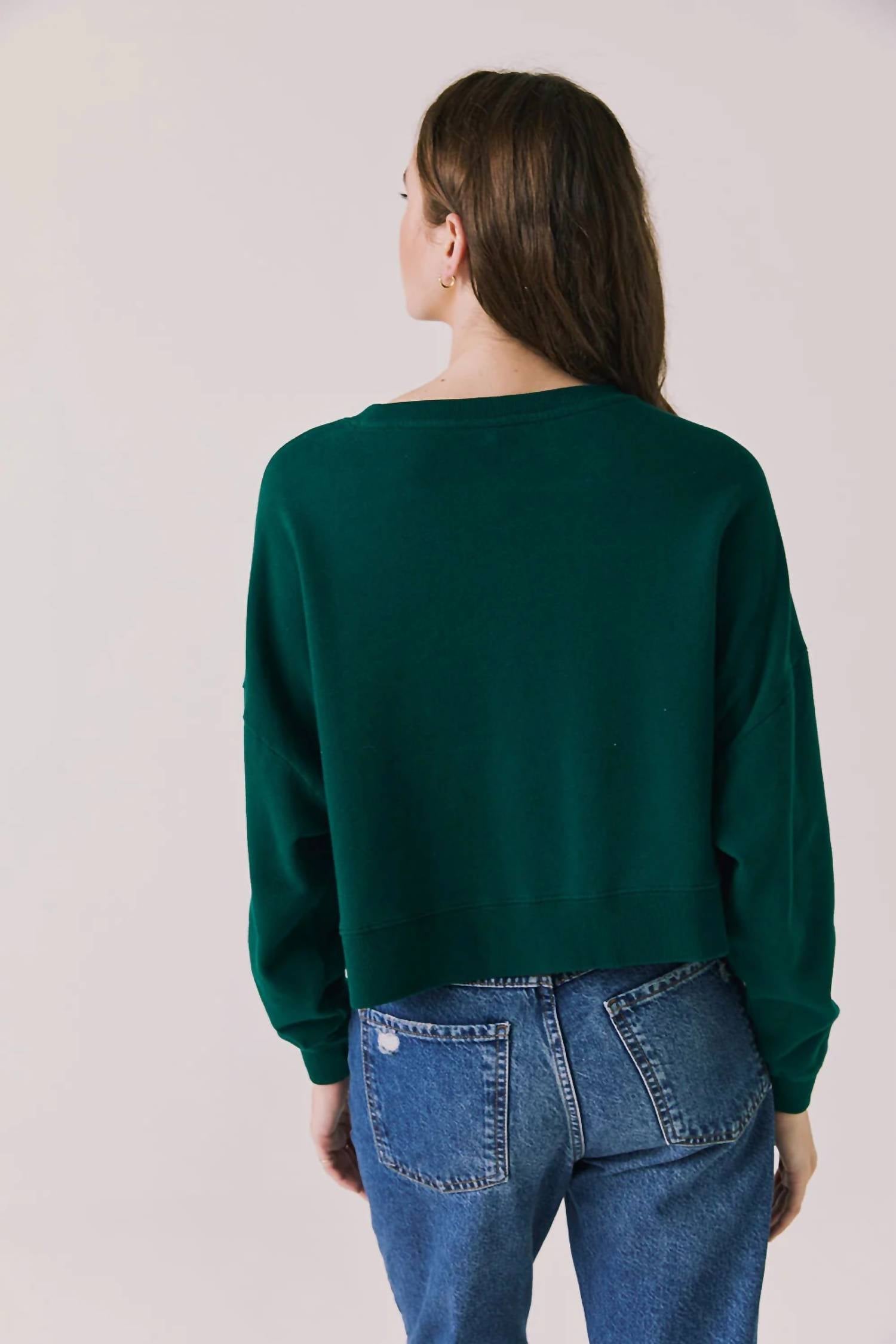 Chaser C'EST LE WEEKEND LONG SLEEVE SWEATSHIRT in green - women's top - detail view