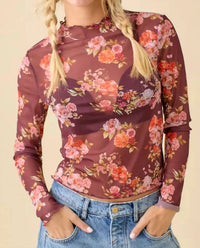 Main Strip - Floral Printed Long Sleeve Mesh Top
