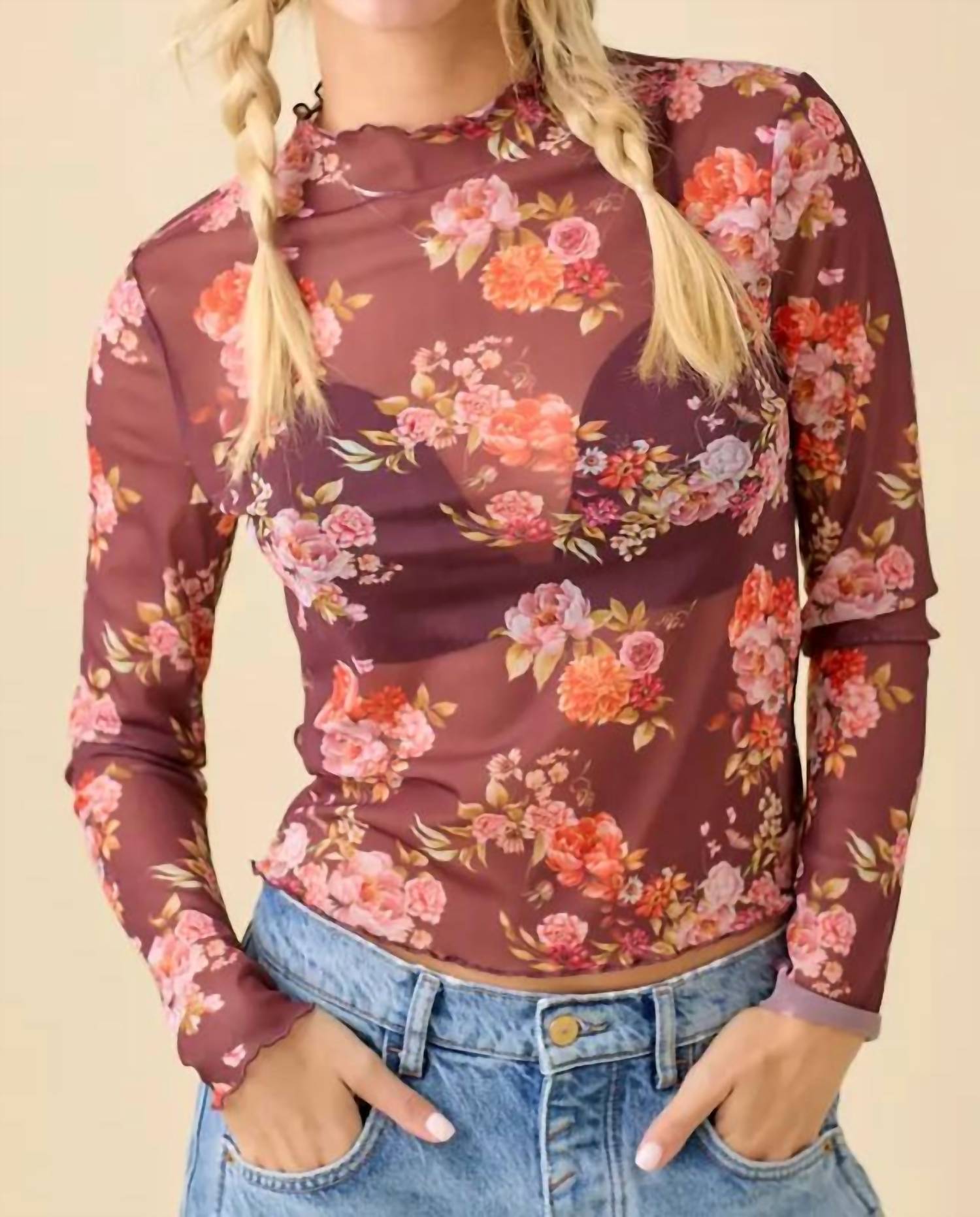 Main Strip - Floral Printed Long Sleeve Mesh Top