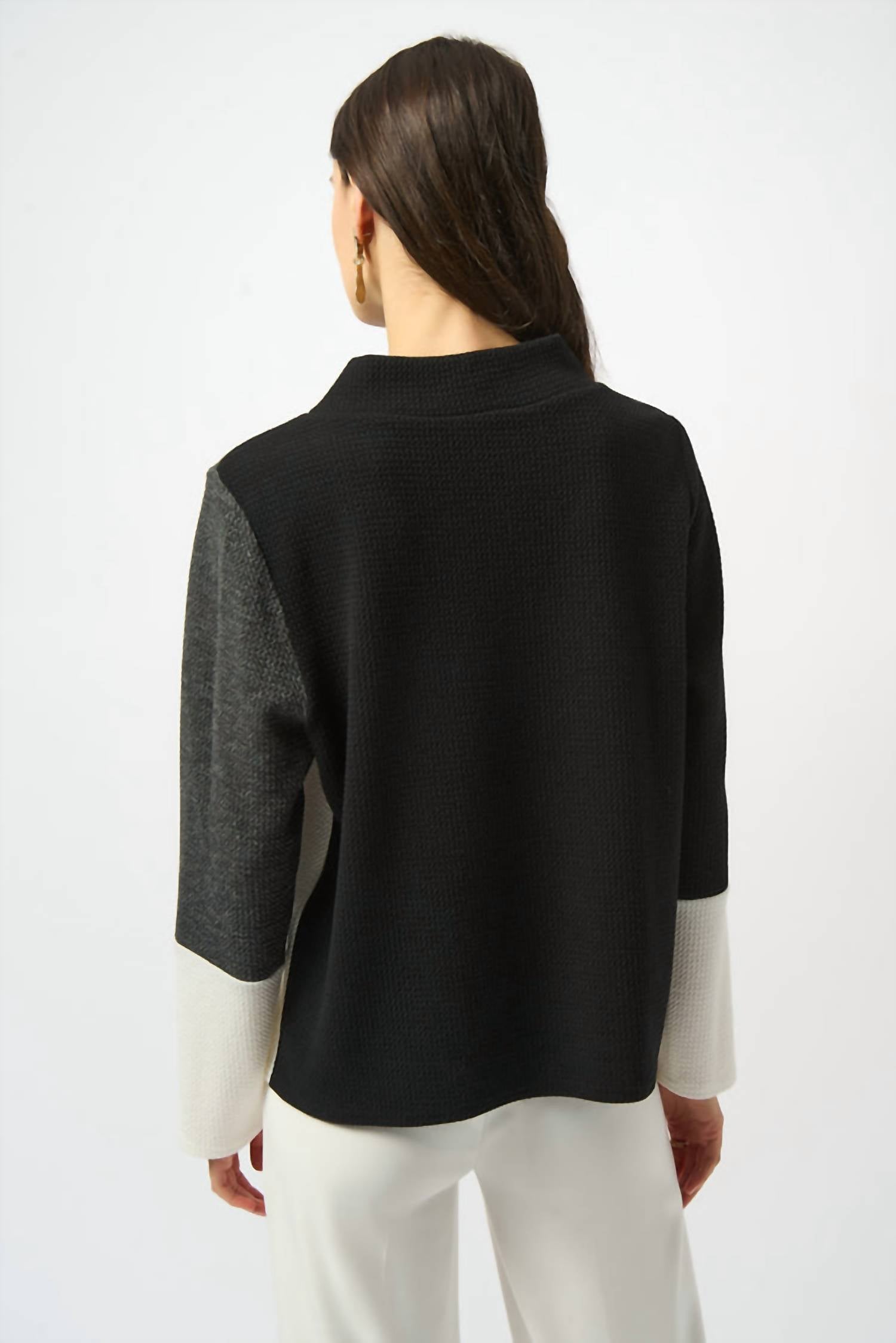 Joseph Ribkoff Jacquard Knit Colorblock Boxy Top in black grey white - women's long sleeve top - detail view