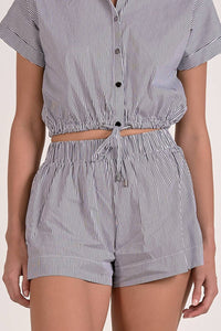 ELAN Chiara Stripe Drawstring Shorts in navy - women's shorts - detail view