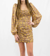 LUSH Ruched Mini Dress in mocha base with golden floral print - women's dress