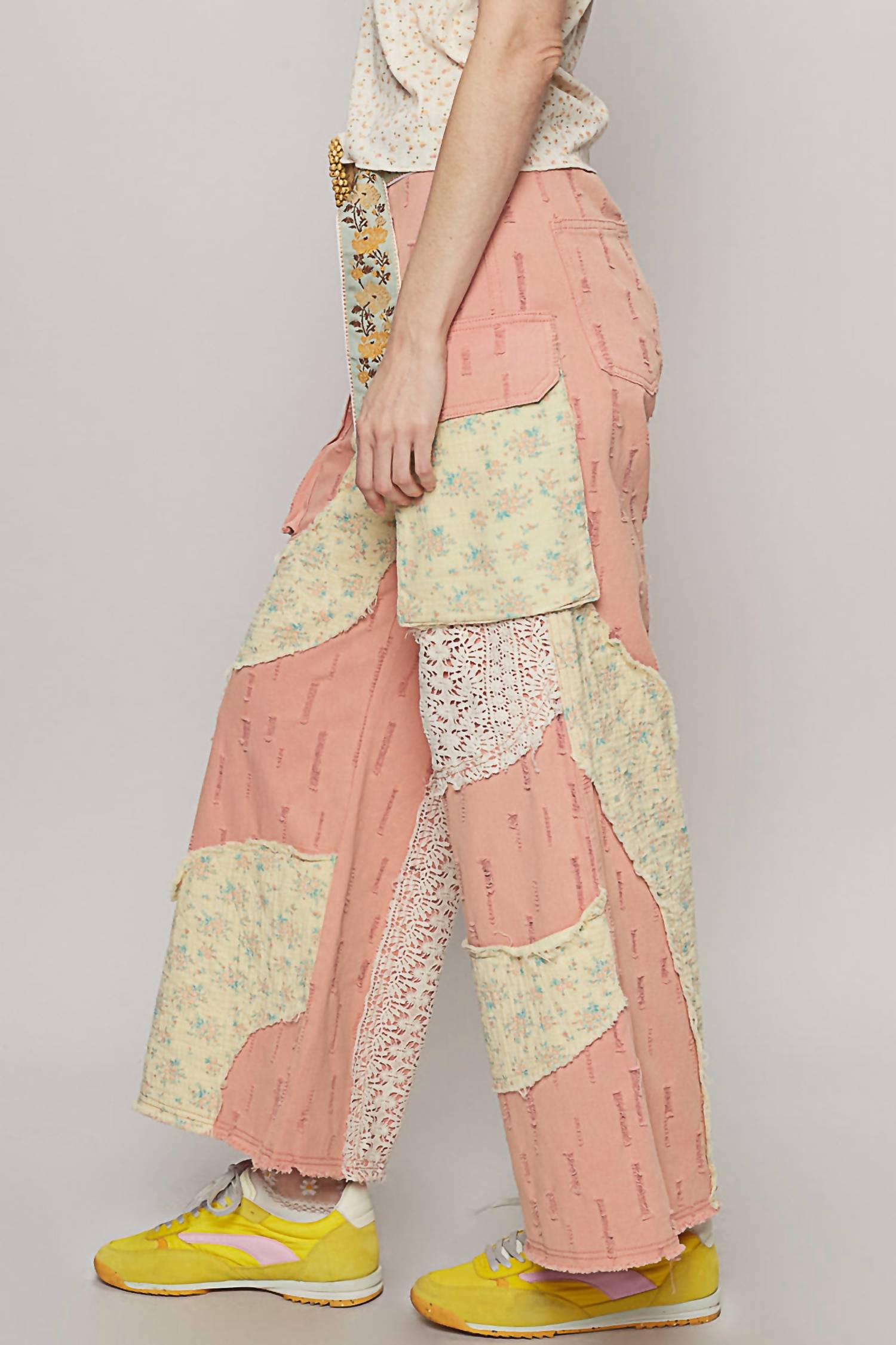 POL Wavy Patchwork Printed Denim Pants in watermelon - women's jeans - detail view