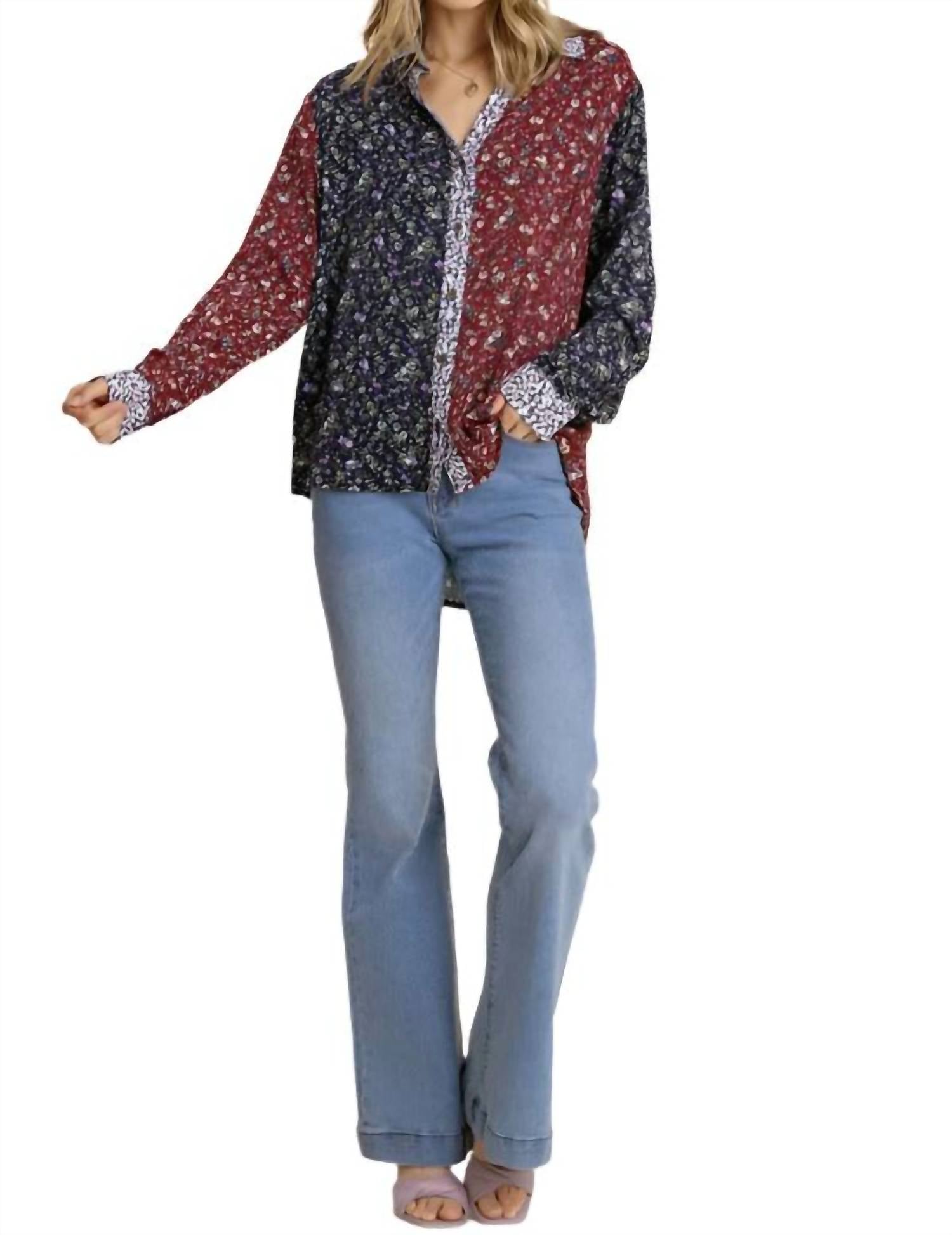 Umgee - Mixed Floral Roll Tab Shirt