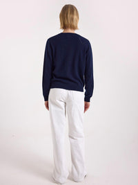 Brodie Cashmere Hilda Heart Pointelle Cashmere Crewneck Jumper in navy - women's sweater - detail view