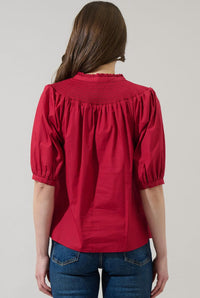 SUGARLIPS Narris Blossom Smocked Mock Neck Top in burgundy - women's blouse - detail view