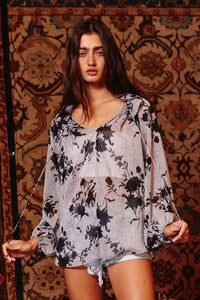 Bucketlist - Lurex Chiffon Floral Blouse With Ruffled Neck