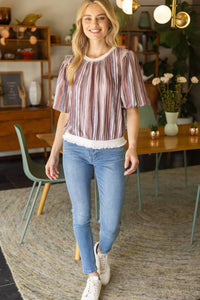 Voy - Striped Ombre Short Bubble Sleeve Knit Top