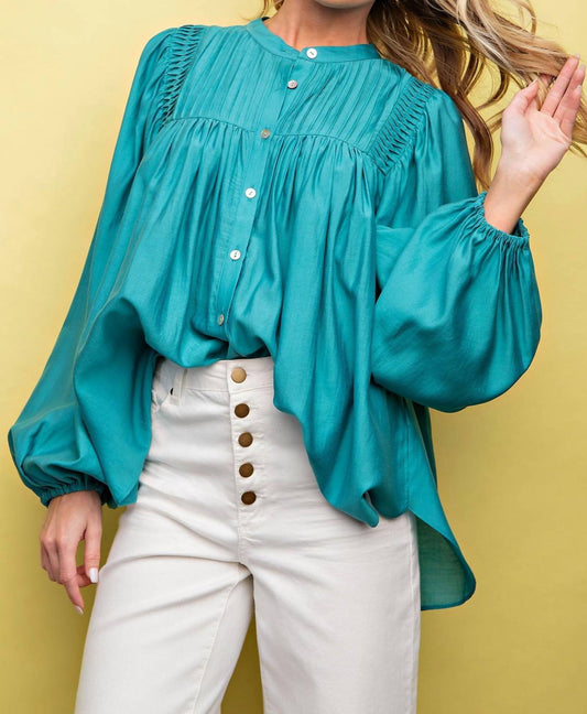 Easel - Shiny Crepe Woven Button Down Top - Teal