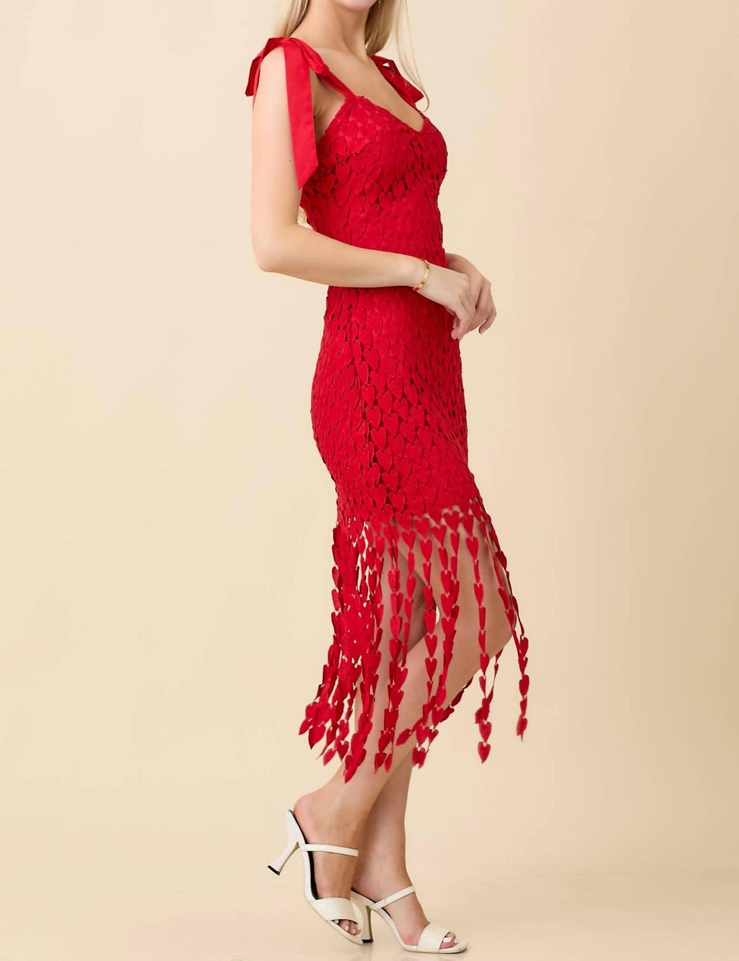 Main Strip - Shoulder Strap Tie With Heart Lace Fringe Dress