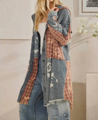 Oli & Hali - Bleached Plaid Long Shacket With Hoodie
